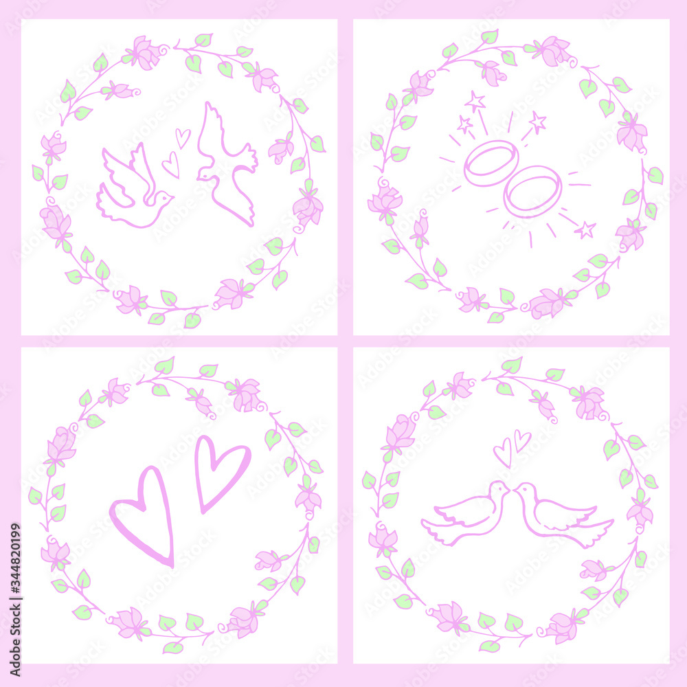 Vector set: templates of square wedding cards or invitations. Pastel pink colors romantic elements for decor with doves , engagement rings, hearts.