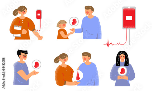People donors volunteers and doctors taking blood and organs vector illustration