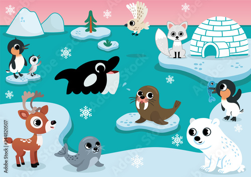 Vector set with arctic animals for kids. Set includes polar bear, seal, walrus, owl, penguins, arctic fox, reindeer, and whale. Iceberg, igloo and sky on background. Arctic animals vector illustration