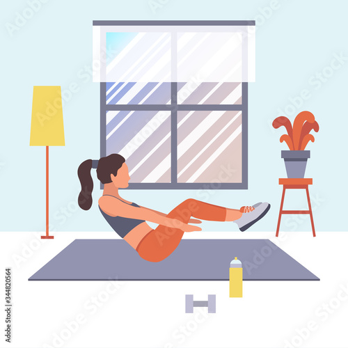 A girl is doing sport at home, pumps up the press by exercises. Vector flat illustration of fitness workout, training, sports activity, the gym at home in quarantine