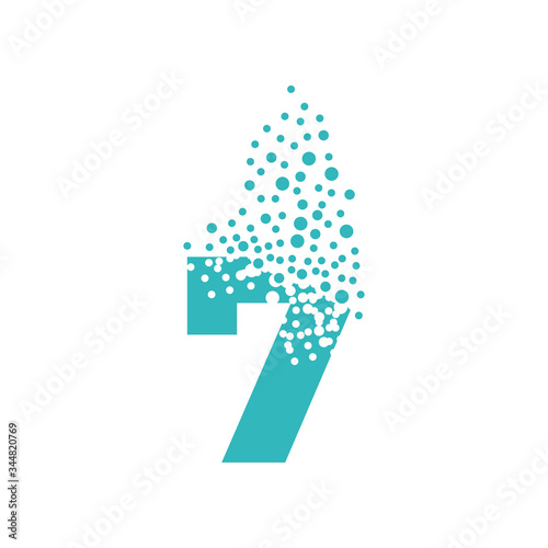 Number 7 dispersing into a cloud of bubbles. Seven