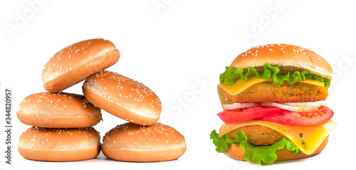 hamburger rolls and hamburger on a white background