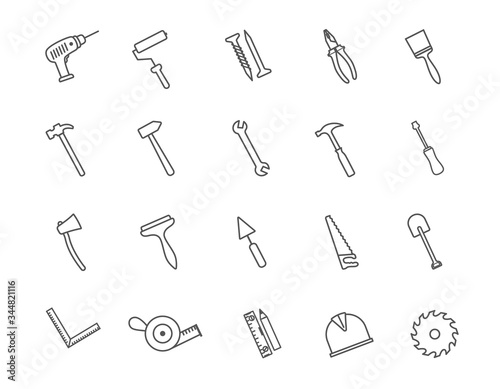 Large set of hardware or hand tools icons in black and white line drawings with assorted implements for building, carpentry, renovations or DIY