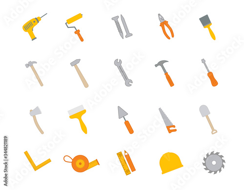 Colorful set of hardware or hand tools icons with assorted implements for building, carpentry, renovations or DIY