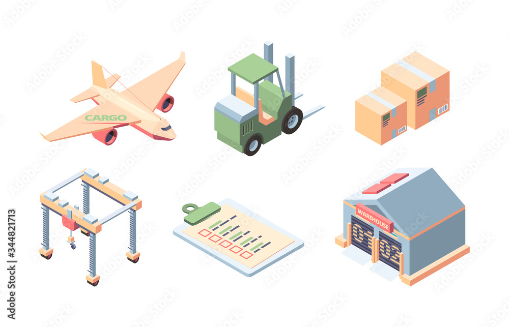 Cargo delivery isometric set. Express service of cargo deliveries by plane, shipment of parcels by forklift to a warehouse, filling out a declaration, moving by crane. Vector illustration.