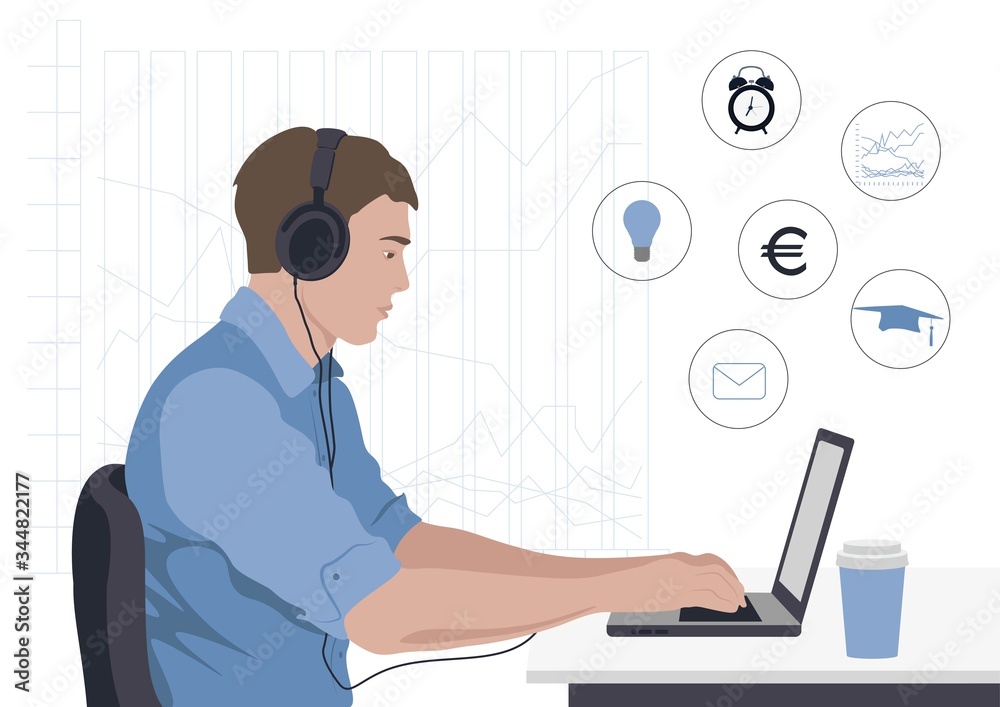A man is working on a laptop. Remote work at the computer. Online learning. Business-process. Vector illustration of flat. A man is working on a laptop. Remote work at the computer. Online learning. Business-process. Vector illustration of flat.