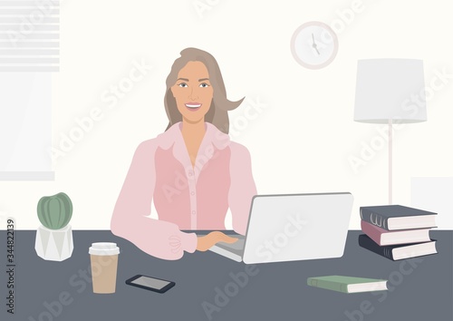 The girl is working on a laptop. Remote work at the computer. Online learning. Books on the table, coffee in a Cup, phone, cactus. In the background, a lamp, a window. Vector illustration of flat.