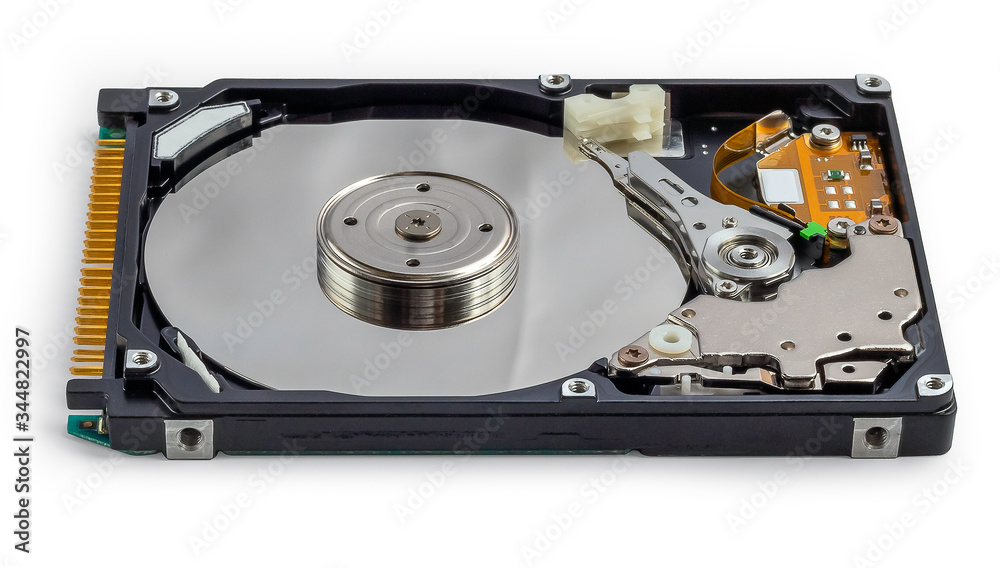 Open hard disk for laptop, side view, isolated on white background Open hard disk for laptop, side view, isolated on white background