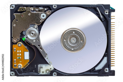 Open computer hard disk, top view, isolated on white background