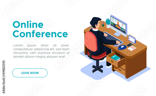 Isometric Online Conference activity. Male with workspace, computer, books, table. Webinar Business meeting illustration concept. Vector