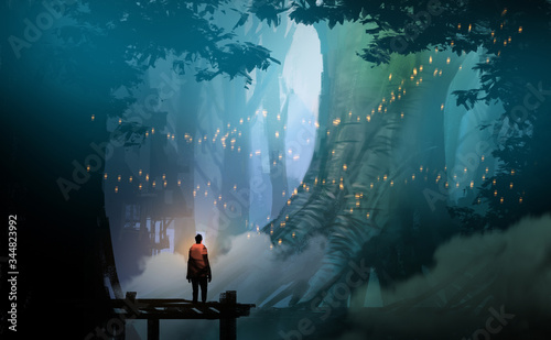 фотографія Digital illustration painting design style man standing on the pier against  flyflies and big trees