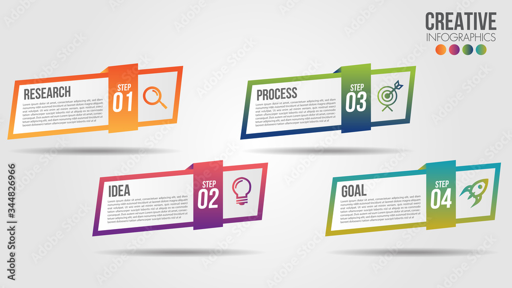 Business Infographic timeline design template with icons and 4 numbers options or steps. Can be used for process presentations, workflow layout, diagram, banner, flow chart, info graph.