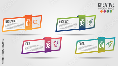 Business Infographic timeline design template with icons and 4 numbers options or steps. Can be used for process presentations, workflow layout, diagram, banner, flow chart, info graph.