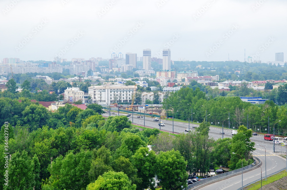 Yaroslavl, Russia - July 25, 2019: Summer view from the belfry of the Spaso-Preobrazhensky monastery on the city  
