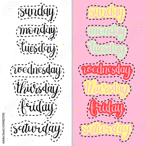 Days of the week hand written lettering. Design elemetns for daily planner, schedule, orginizer, print, poster, kids diary.  Set of vector illustrations. photo