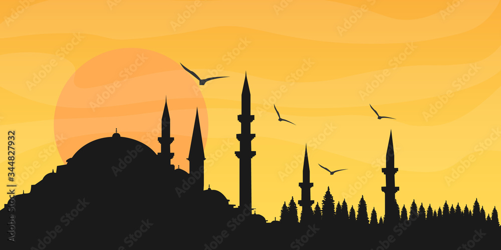 Mosque silhouette. Sunset and seagulls. Vector drawing.