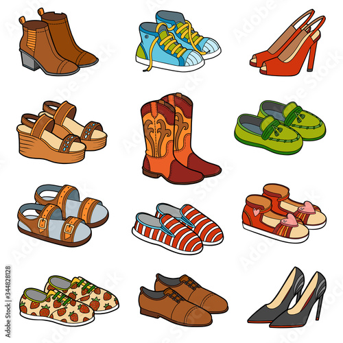 Vector set of shoes, collection of cartoon clothes and accessories