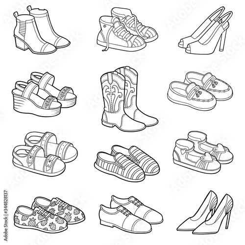 Vector set of shoes, colorless collection of cartoon clothes and accessories