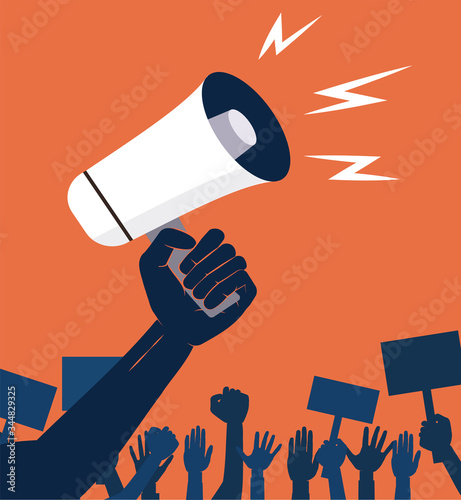 Crowd of protesters people. Silhouettes of people with banners and megaphones. Concept of revolution or protest. Vector