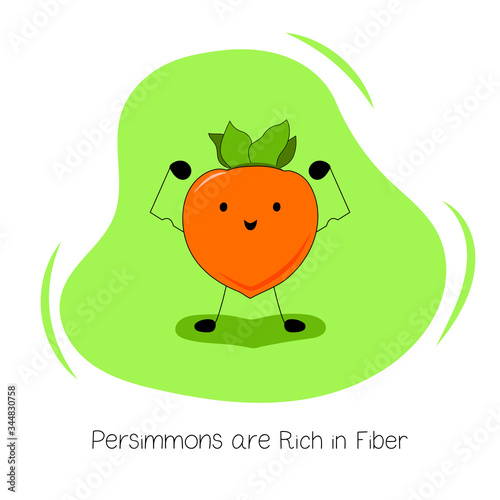 Persimmons are Rich in Fiber. Illustration about the Benefits of Persimmon. Kawaii style. Flat design. Tropical fruit