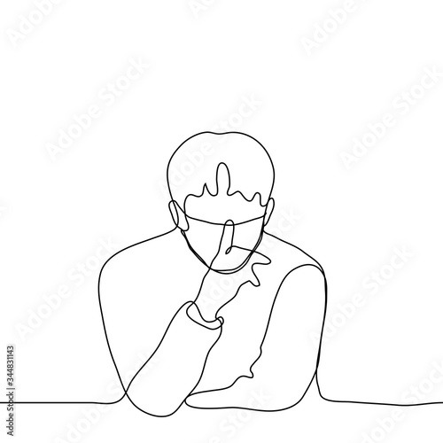 Drawing of a man in mask leaning on his elbows, his right hand he covers his mouth, a pointing sticks out vertically from his fist. The concept of silence, keeping a secret, boycott. One continuous