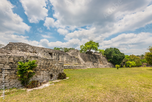 Ruins of the ancient Mayan city of Kohunlich in Quintana Roo, Yucatan Peninsula. Kohunlich is a large archaeological site of the pre-Colombian Maya civilization