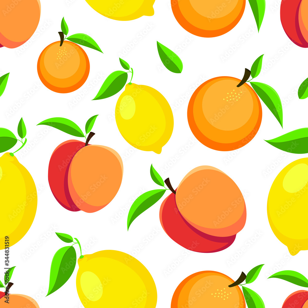 Seamless nectarine and lemon pattern on a white background. Bright fruit background Seamless nectarine and lemon pattern on a white background. Bright fruit background