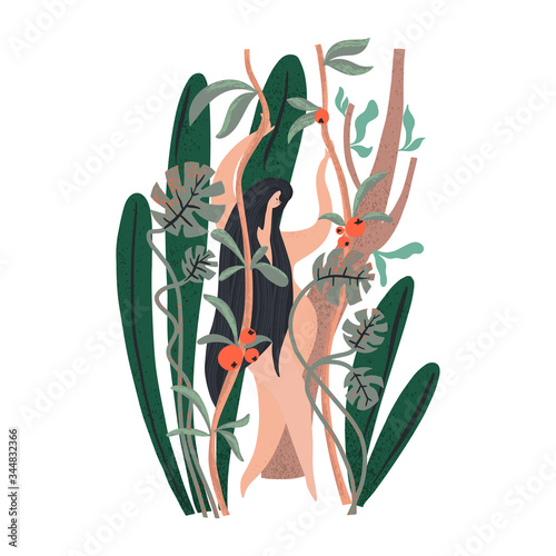Woman with long hair standing surrounded green plants. Naked body. Vector illustration