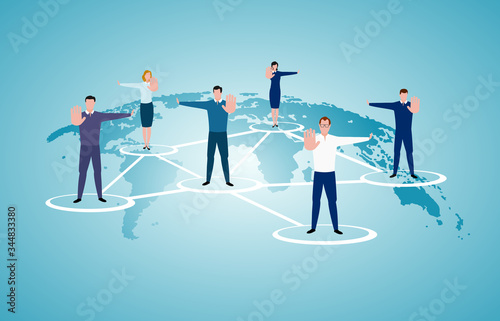 men and women  with his hand raised in signal to stop,keep distance away in the meeting with virus pathogens. keep distance in public society people to protect from COVID-19  outbreak.