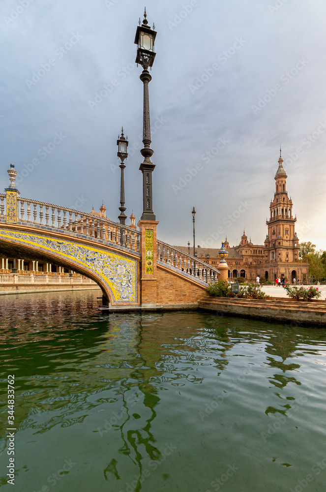 Late afternoon at the Plaza de Espana in Seville, Andalusia, Spain.