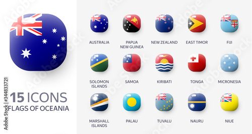 Realistic 3d glossy icons of Oceania countries, Oceanian flags. Vector illustration