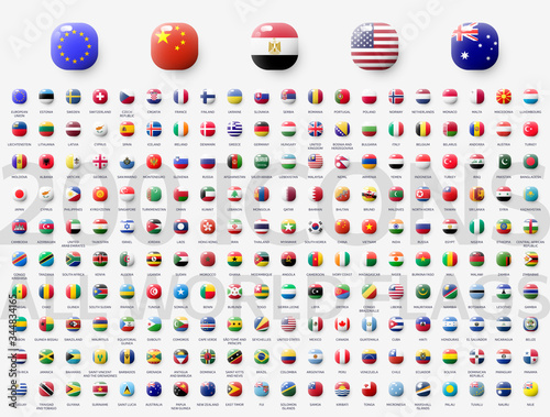 Realistic 3d glossy icons of All World countries, All World flags. Vector illustration