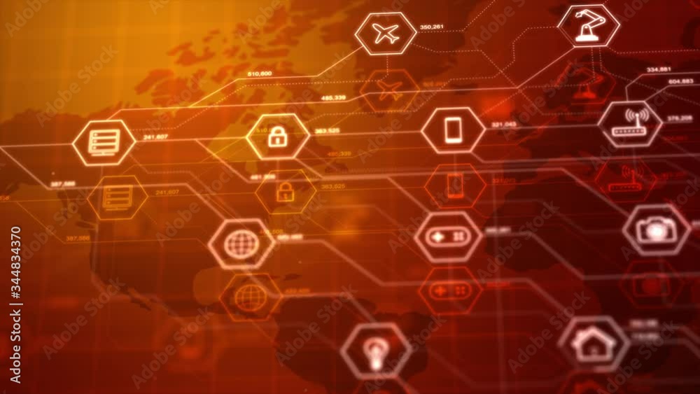 Internet of things icons in a hexagon shape with connection line, for cyber futuristic network and innovation concepton the dark background, shallow depth of field effect with dark and grain processed