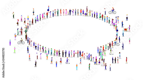 A large group of people stand together in the shape of chat bubble. Vector illustration.