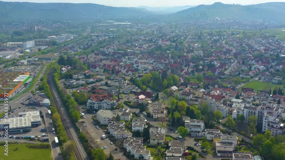 Aerial view of the city Weinstadt in Germany on a sunny spring day during the coronavirus lockdown. Aerial view of the city Weinstadt in Germany on a sunny spring day during the coronavirus lockdown.