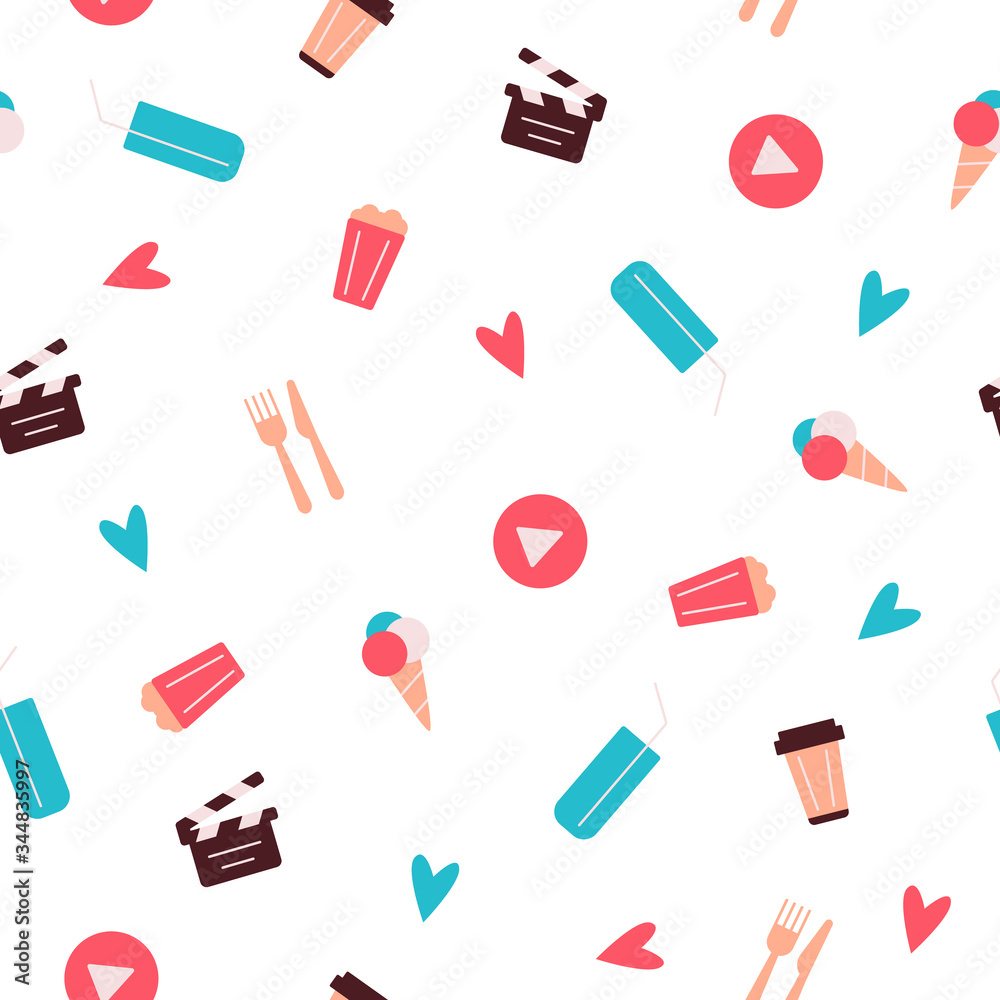 Seamless pattern of bright cinema, pop corn, cocktail, ice cream icons Seamless pattern of bright cinema, pop corn, cocktail, ice cream icons