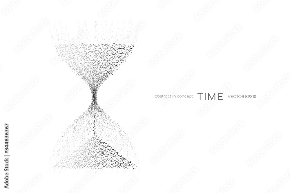Hourglass from black particles flowing isolated on white background. Vector illustration in concept time, technology, modern
