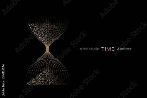 Hourglass from gold light particles flowing isolated on black background. Vector illustration in concept time, modern, luxury photo