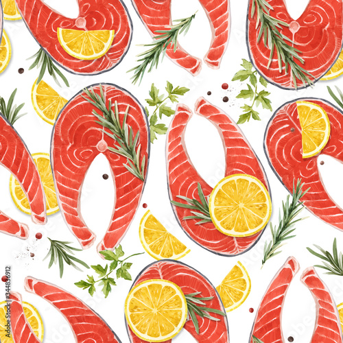 Beautiful vector seamless pattern with watercolor red salmon fish steak with lemon. Stock Illustration. Healthy food.