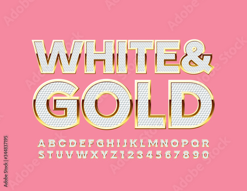 Vector White and Gold Beautiful Font. Elegant chic Alphabet Letters and Numbers