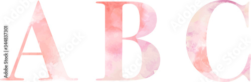 A watercolor serif font, pink salmon color, vector. Letters a b c
