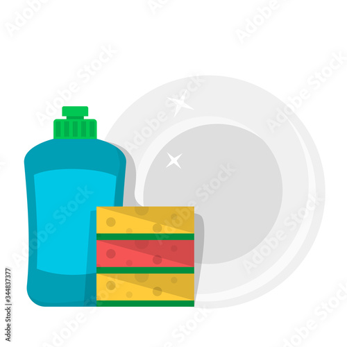Clean plate, dishwashing liquid and sponge isolated