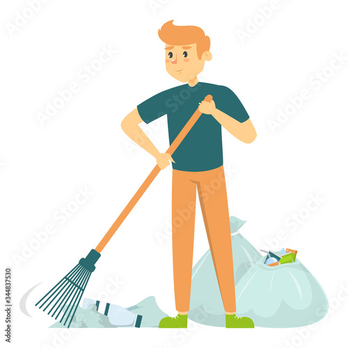 Male volunteer sweeping vector isolated. Cleaner working