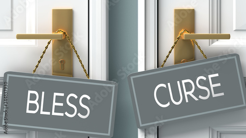 curse or bless as a choice in life - pictured as words bless, curse on doors to show that bless and curse are different options to choose from, 3d illustration