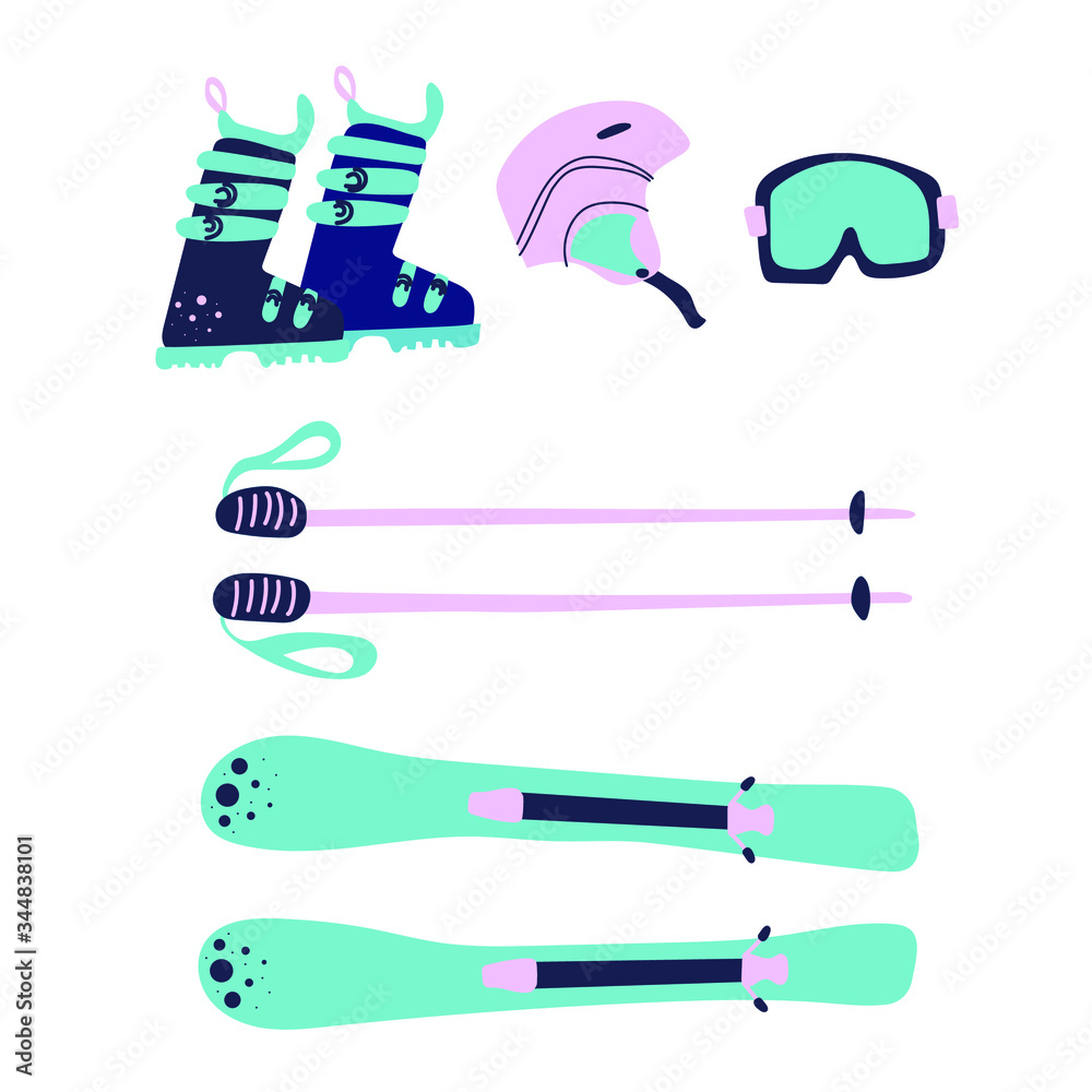 Mounting skiing set. Winter sport accessories. Drawing flat vector illustration. Mounting skiing set. Winter sport accessories. Drawing flat vector illustration.