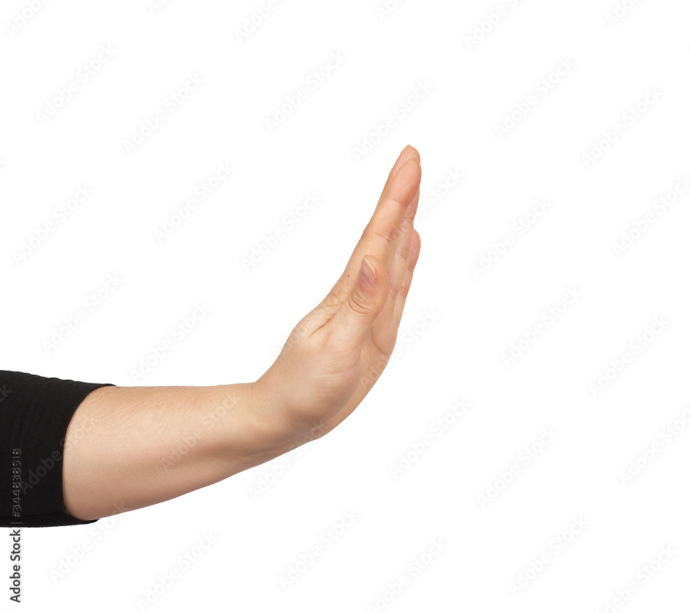 hand shows stop gesture on a white background hand shows stop gesture on a white background