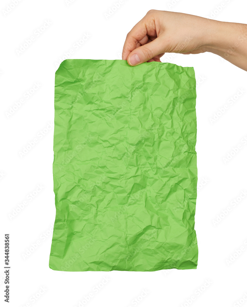 female hand hold empty crumpled green rectangular sheet of paper a4 female hand hold empty crumpled green rectangular sheet of paper a4