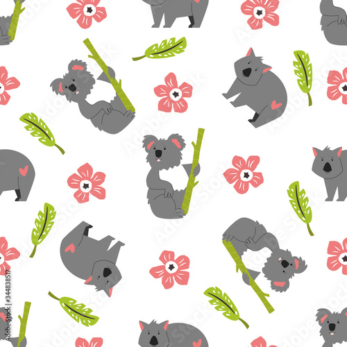 Vector seamless pattern with native australian animals wombats, koalas