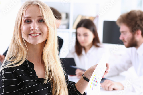 Beautiful smiling businesswoman portrait at workplace look in camera. White collar worker at workspace, exchange market, job offer, certified public accountant, internal Revenue officer concept