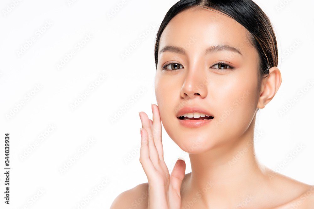 Beautiful Young Asian Woman with Clean Fresh Skin. Face care, Facial treatment, Cosmetology, beauty and healthy skin and cosmetic concept, woman beauty skin isolated on white background Beautiful Young Asian Woman with Clean Fresh Skin. Face care, Facial treatment, Cosmetology, beauty and healthy skin and cosmetic concept, woman beauty skin isolated on white background